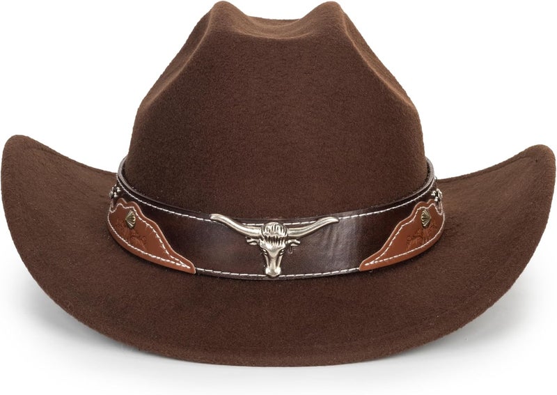 FGSS Western-Cowboy-Hats for Women Men - Classic Wide Brim Felt Fedora Unisex Upturn Bull Head Cowgirl Caps with Buckle Belt - Image 3